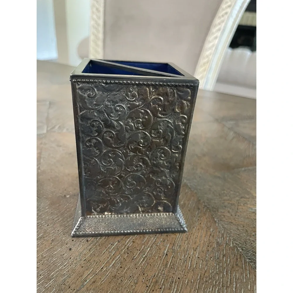 Vtg Silver Plate 3 Pc Desk Set Embossed Pen Pencil Cup Letter Opener Paper Bin